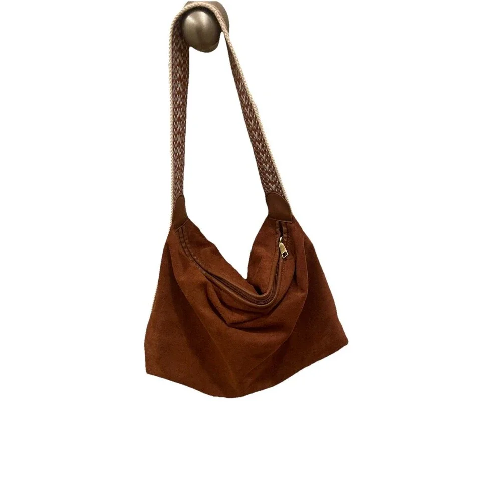 Shiraleah Boho Hobo Bag Rust Burnt Orange Suede Slouchy Tote Aztec Chevron Strap